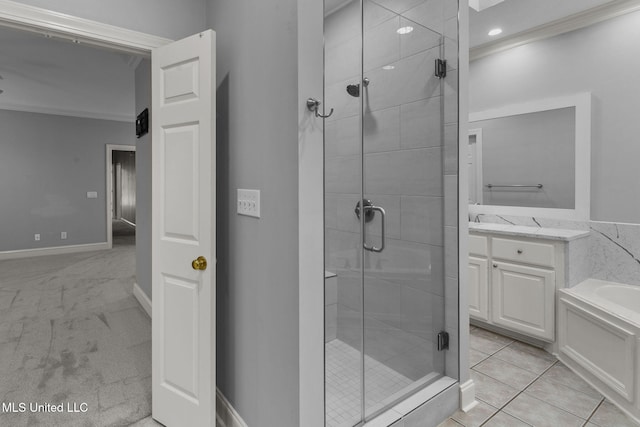 706 Danforth Dr, Madison, MS 39110 - full bath featuring a stall shower, ornamental molding, a bath, and vanity