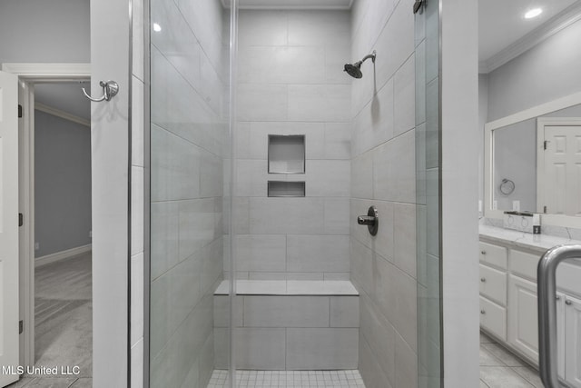 706 Danforth Dr, Madison, MS 39110 - full bath featuring ornamental molding, a shower stall, and vanity
