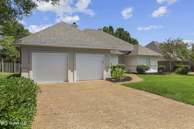 706 Danforth Dr, Madison, MS 39110 - view of front of house featuring driveway, stucco siding, an attached garage, roof with shingles, and a chimney