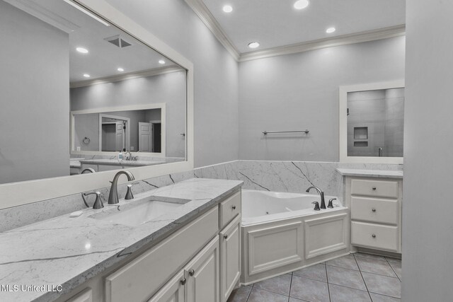 706 Danforth Dr, Madison, MS 39110 - full bathroom with ornamental molding, tile patterned flooring, a tub with jets, vanity, and recessed lighting