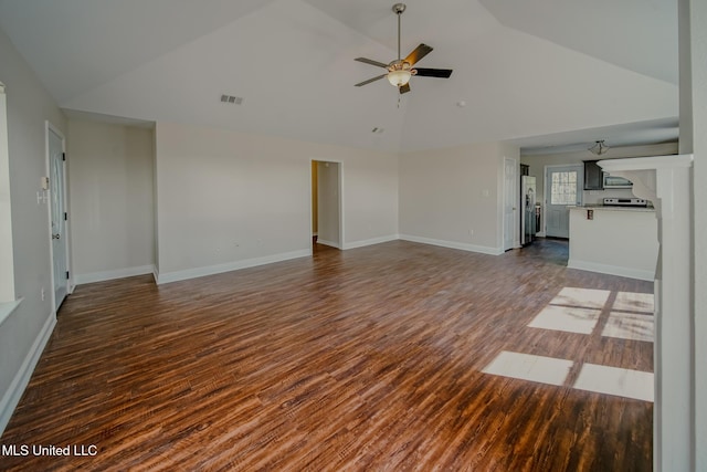 unfurnished living room with visible vents, baseboards, dark wood-style floors, ceiling fan, and high vaulted ceiling