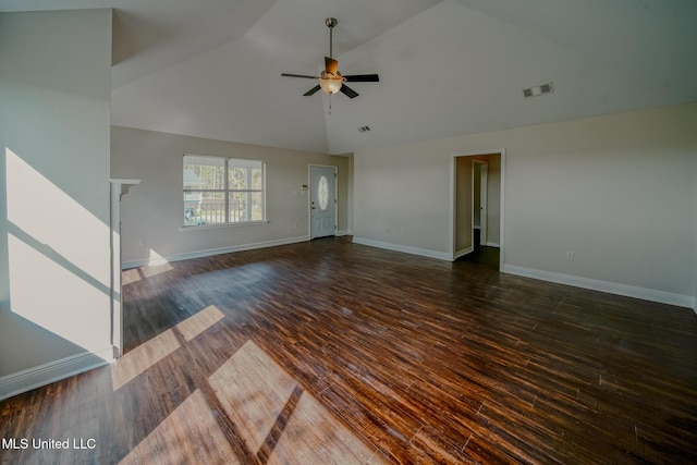 unfurnished living room featuring a ceiling fan, visible vents, high vaulted ceiling, and wood finished floors