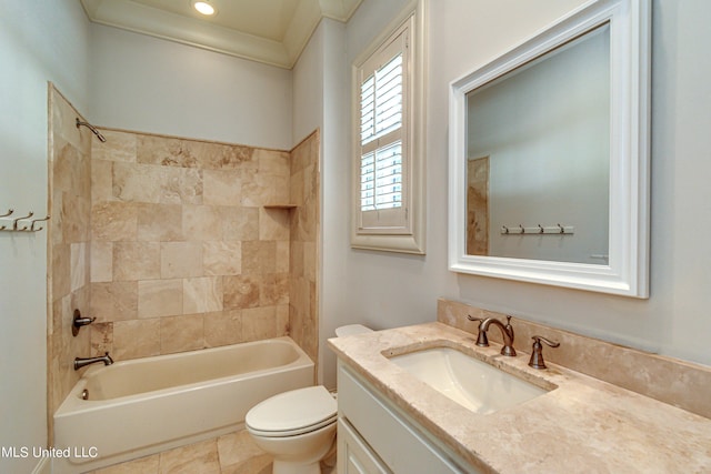2024 E Northside Dr, Jackson, MS 39211 - full bathroom featuring bathing tub / shower combination, vanity, ornamental molding, and toilet