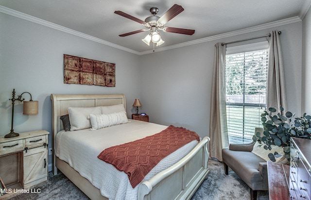 carpeted bedroom featuring crown molding and ceiling fan