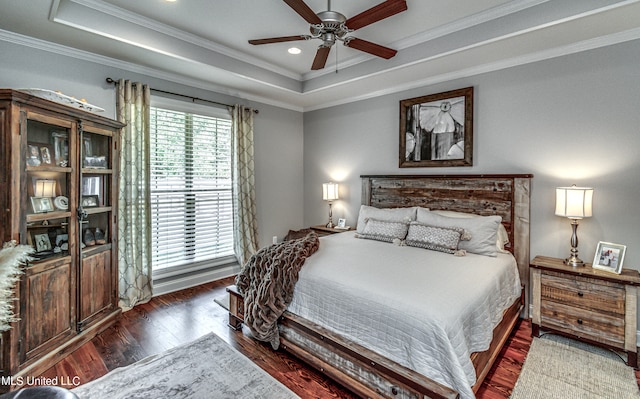 bedroom featuring ornamental molding, ceiling fan, a raised ceiling, and dark hardwood / wood-style flooring