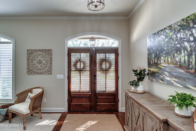 foyer with french doors, a healthy amount of sunlight, and dark wood-type flooring