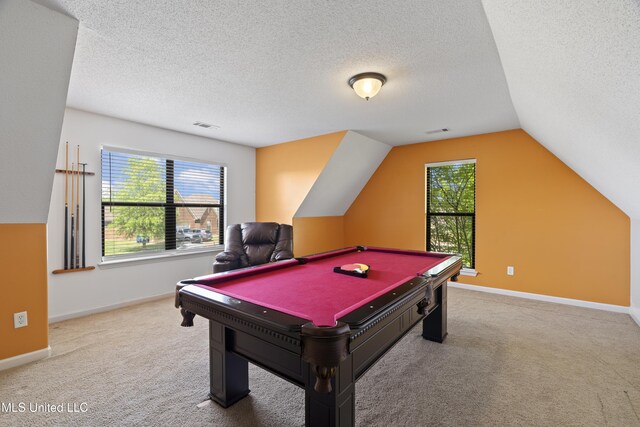 4239 Three Wishes Cv, Olive Branch, MS 38654 - rec room with carpet flooring, visible vents, billiards, and vaulted ceiling