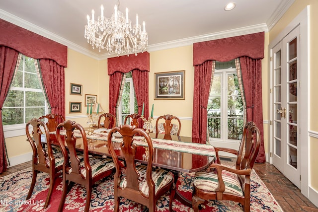 dining space with ornamental molding, recessed lighting, brick floor, and a chandelier