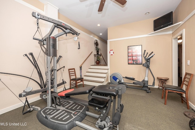 exercise room with recessed lighting, a ceiling fan, and baseboards