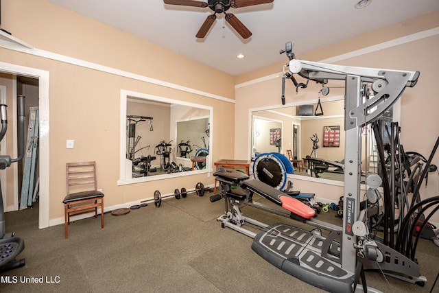 exercise room with recessed lighting, ceiling fan, and carpet