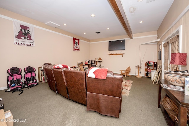carpeted home theater featuring recessed lighting, visible vents, and beam ceiling