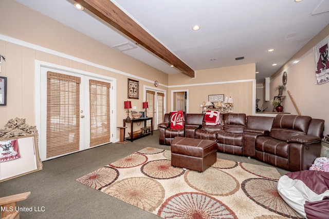 carpeted living room with beamed ceiling, recessed lighting, visible vents, and french doors