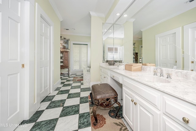 bathroom with recessed lighting, a sink, crown molding, double vanity, and a shower