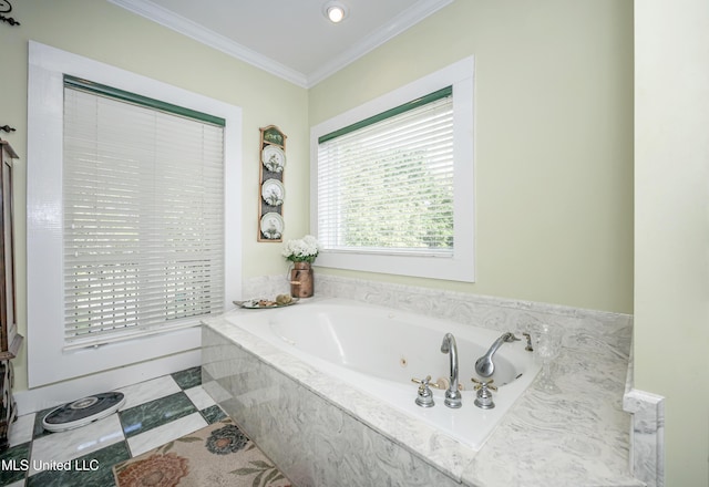 full bathroom featuring a tub with jets and ornamental molding