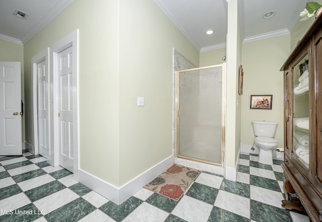 bathroom with baseboards, visible vents, ornamental molding, and a shower stall