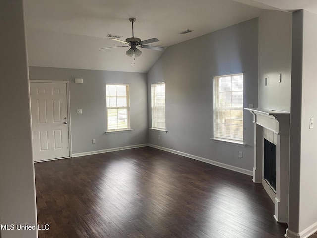 9078 Mallard Park Blvd, Walls, MS 38680 - unfurnished living room featuring a ceiling fan, lofted ceiling, a fireplace, baseboards, and dark wood-type flooring