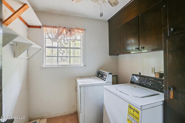 laundry room with cabinets, washer and clothes dryer, and ceiling fan