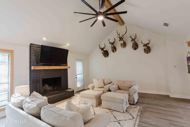 118 Dogwood Trl, Brandon, MS 39047 - living area with ceiling fan, plenty of natural light, wood finished floors, a brick fireplace, and recessed lighting