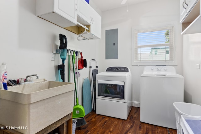 223 Sycamore St, Bay Saint Louis, MS 39520 - clothes washing area featuring cabinet space, a sink, separate washer and dryer, dark wood finished floors, and electric panel