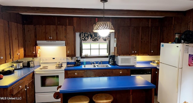 kitchen with white appliances, a sink, under cabinet range hood, and beam ceiling