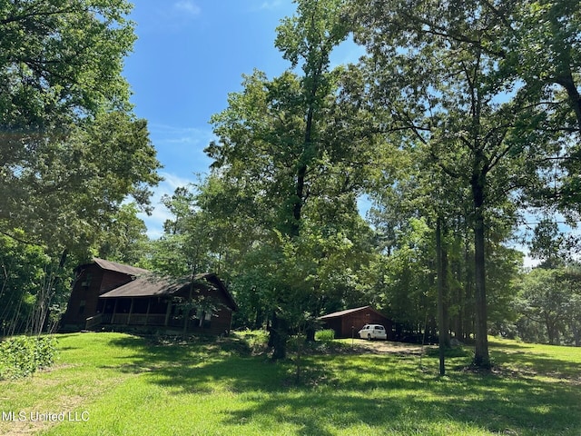 view of yard with an outdoor structure and a view of trees