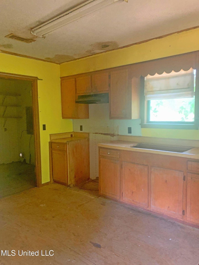 1356 Old River Rd, Harrisville, MS 39082 - kitchen with under cabinet range hood, black electric stovetop, and brown cabinetry