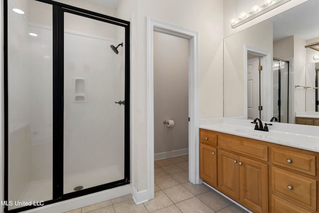 bathroom featuring vanity, walk in shower, and tile patterned flooring