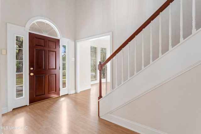 foyer featuring a high ceiling, light hardwood / wood-style flooring, and a healthy amount of sunlight