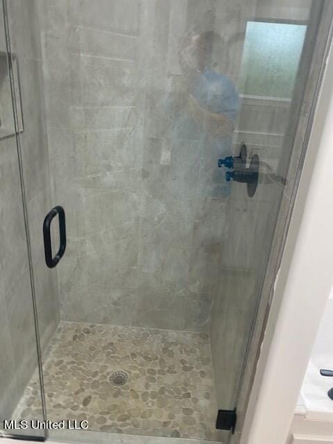 bathroom featuring a shower with shower door