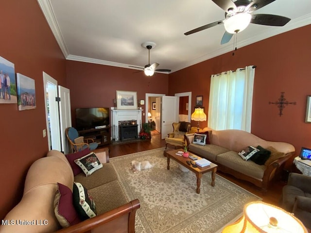 living room with a ceiling fan, a fireplace with flush hearth, ornamental molding, and wood finished floors