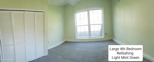 unfurnished bedroom featuring baseboards, carpet floors, and a closet