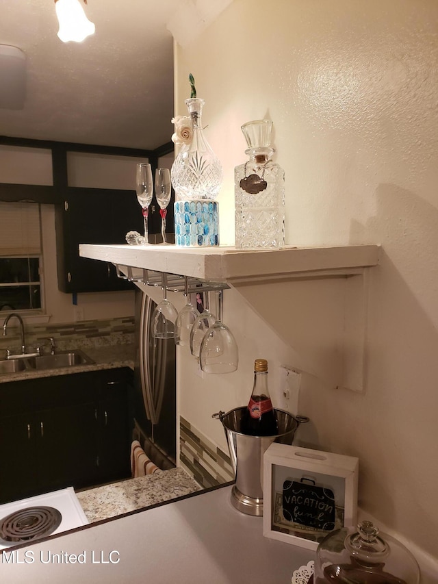interior details featuring freestanding refrigerator, dark cabinets, and a sink