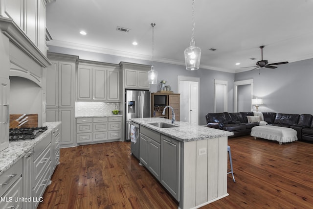 213 Wellington Way, Brandon, MS 39047 - kitchen featuring gray cabinets, a sink, appliances with stainless steel finishes, a ceiling fan, and crown molding