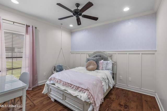 213 Wellington Way, Brandon, MS 39047 - bedroom featuring crown molding, a decorative wall, wood finished floors, a ceiling fan, and wainscoting