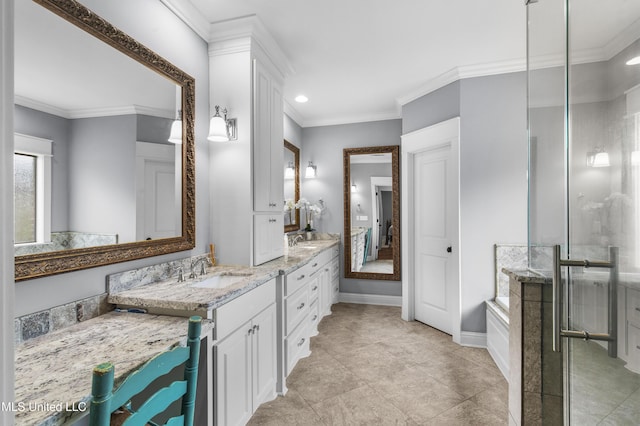 213 Wellington Way, Brandon, MS 39047 - bathroom with baseboards, vanity, recessed lighting, ornamental molding, and a shower with door