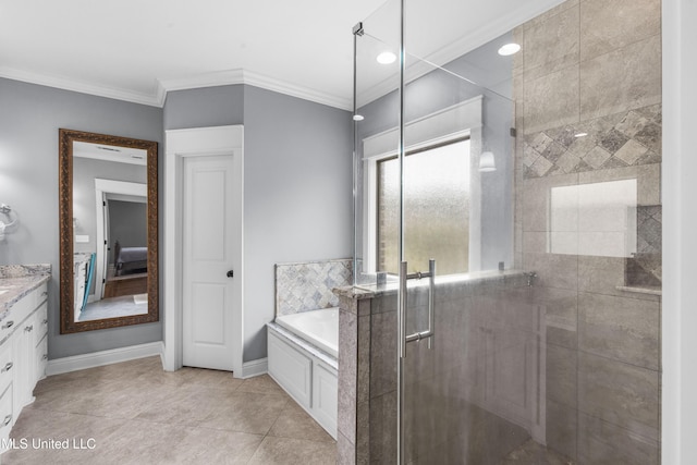 213 Wellington Way, Brandon, MS 39047 - bathroom featuring a stall shower, vanity, a bath, crown molding, and baseboards