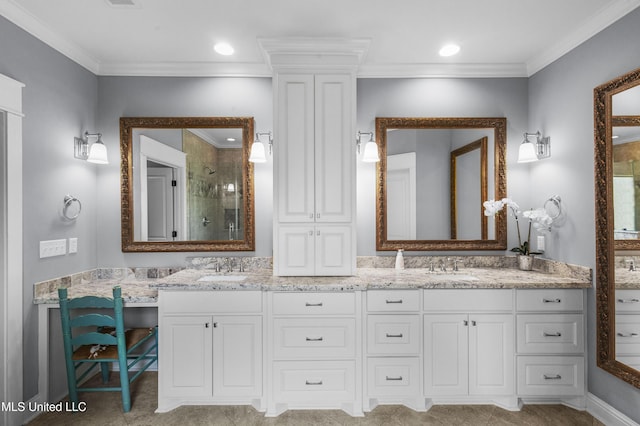 213 Wellington Way, Brandon, MS 39047 - bathroom with a stall shower, double vanity, and ornamental molding