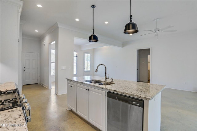 kitchen with pendant lighting, sink, stainless steel appliances, light stone countertops, and white cabinets