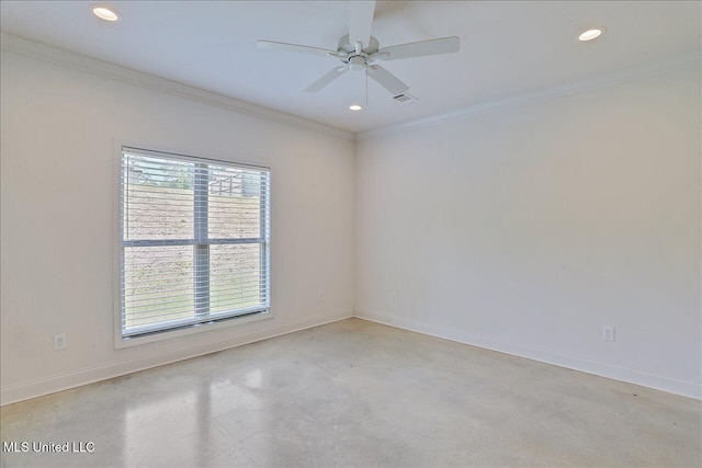 empty room featuring crown molding and ceiling fan