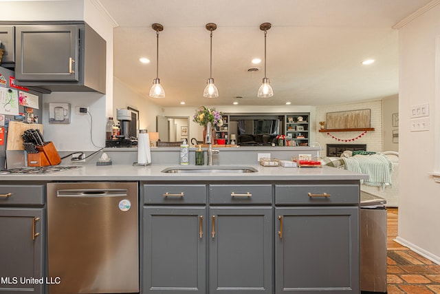 kitchen with dishwasher, open floor plan, a sink, and gray cabinetry