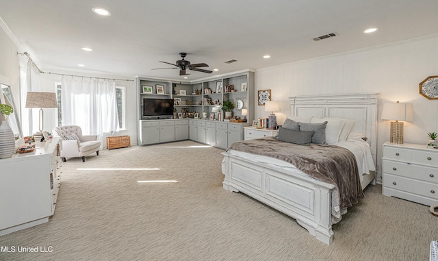 bedroom featuring ceiling fan, recessed lighting, light carpet, visible vents, and ornamental molding