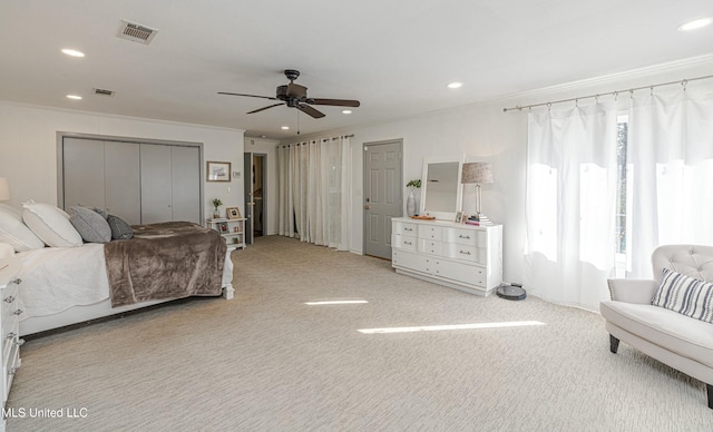 carpeted bedroom with ornamental molding, recessed lighting, and visible vents