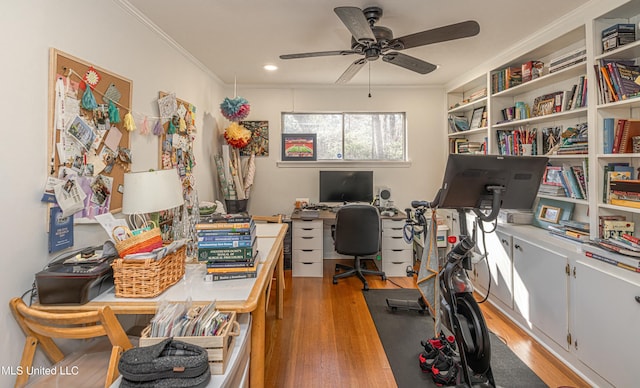 office area featuring light wood-type flooring, a ceiling fan, crown molding, and recessed lighting