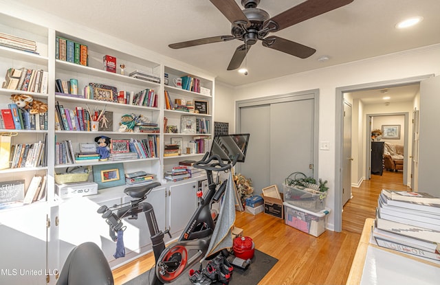 workout room featuring ceiling fan, ornamental molding, and light wood-style floors