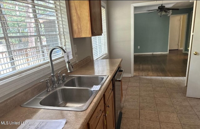 kitchen featuring stainless steel dishwasher, sink, dark wood-type flooring, and plenty of natural light