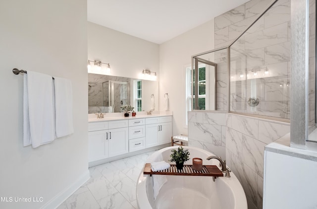 bathroom with separate shower and tub and vanity