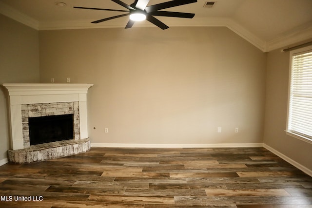 unfurnished living room featuring crown molding, ceiling fan, wood finished floors, a fireplace, and lofted ceiling