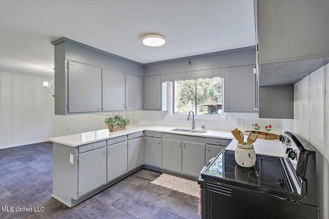 kitchen with gray cabinets, electric range, and sink