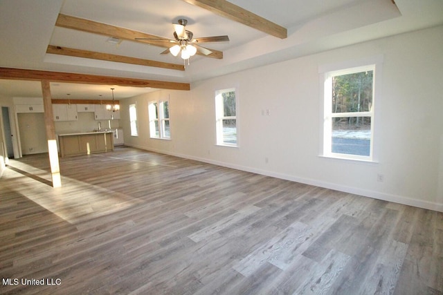 unfurnished living room with light wood-type flooring and a raised ceiling