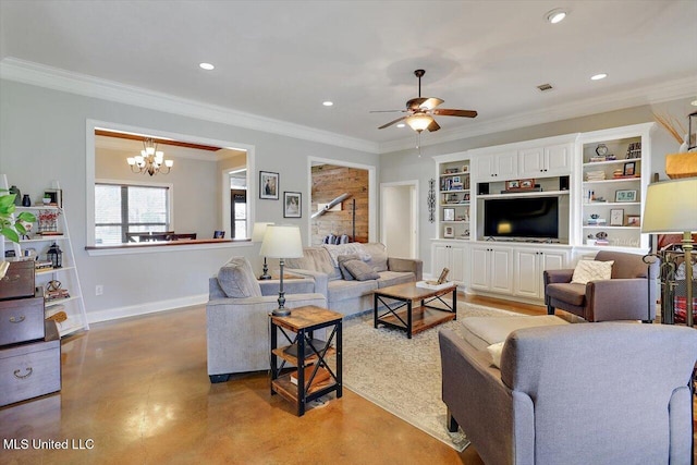 living room featuring ceiling fan with notable chandelier, recessed lighting, crown molding, baseboards, and concrete flooring